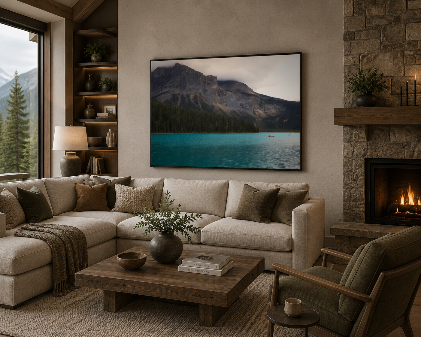 Large mountain lake artwork displayed above a sofa in a lakehouse living room by Dan Sproul